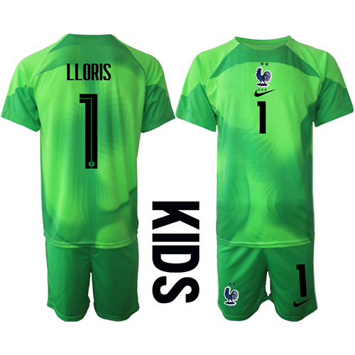 Frankrike Hugo Lloris #1 Målvakt kläder Barn VM 2022 Bortatröja Kortärmad (+ korta byxor) Frankrike Hugo Lloris #1 Målvakt kläder Barn VM 2022 Bortatröja Kortärmad (+ korta byxor)